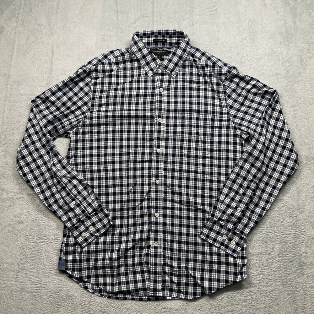 Banana Republic Oxford Shirt Mens Large Navy White Plaid Untucked Fit Cotton